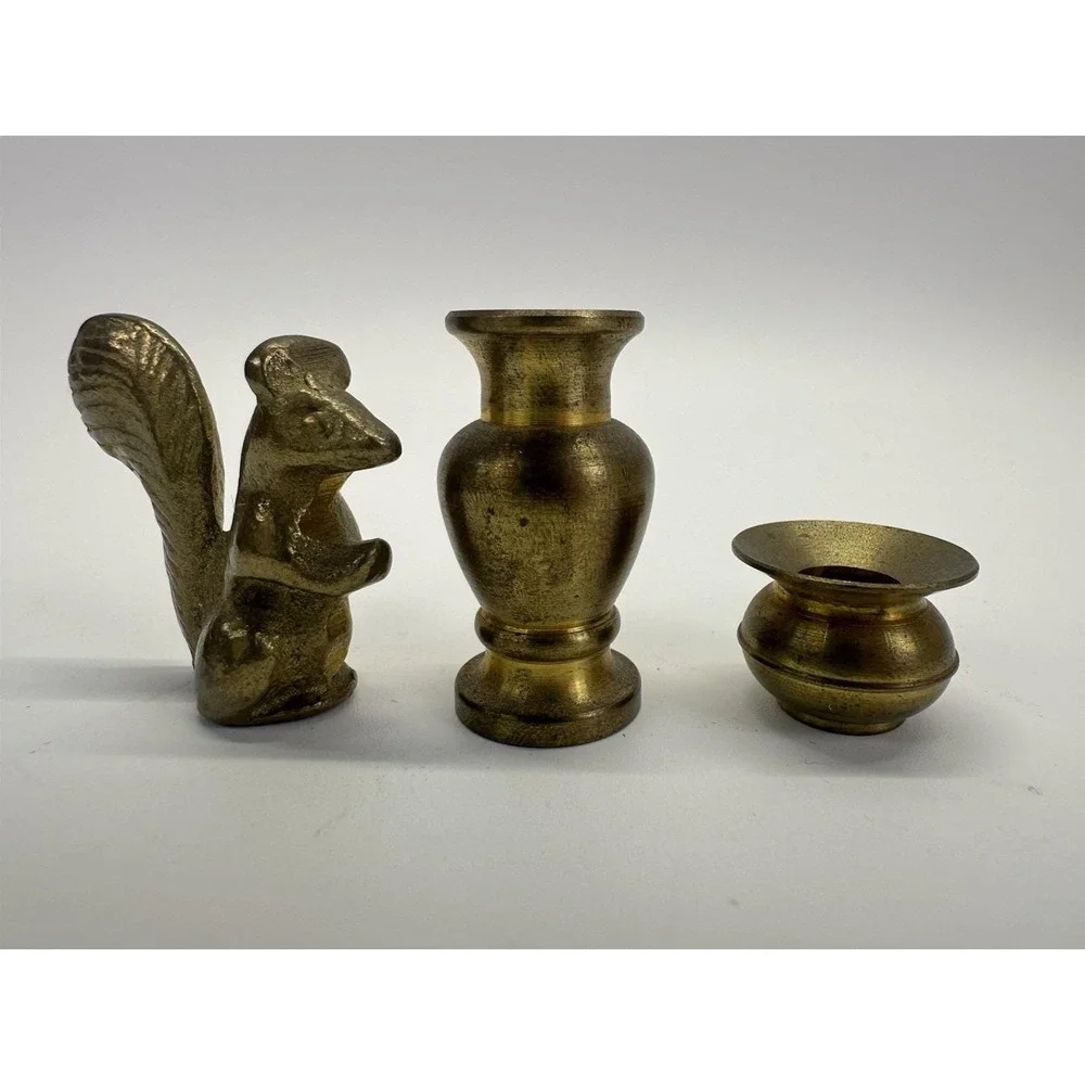 Miniature Brass Dollhouse Decor Lot 3 Squirrel Vase Candle Holder Collectibles